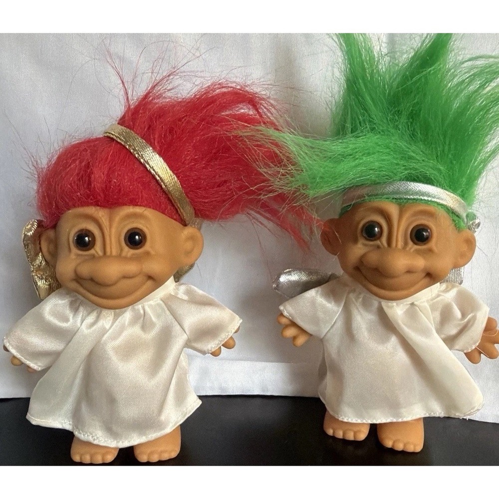Vintage Russ Berrie Angel Troll Dolls Set Red Green Hair Gold Silver Wings 18280